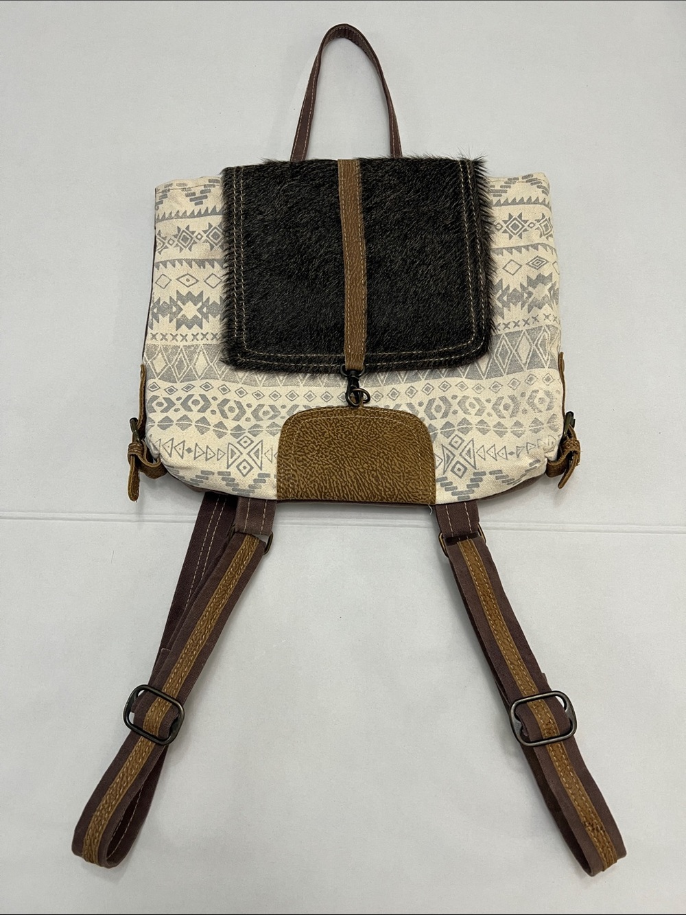 Myra Bag Virtuoso Upcycled Canvas Cowhide Leather Western Backpack